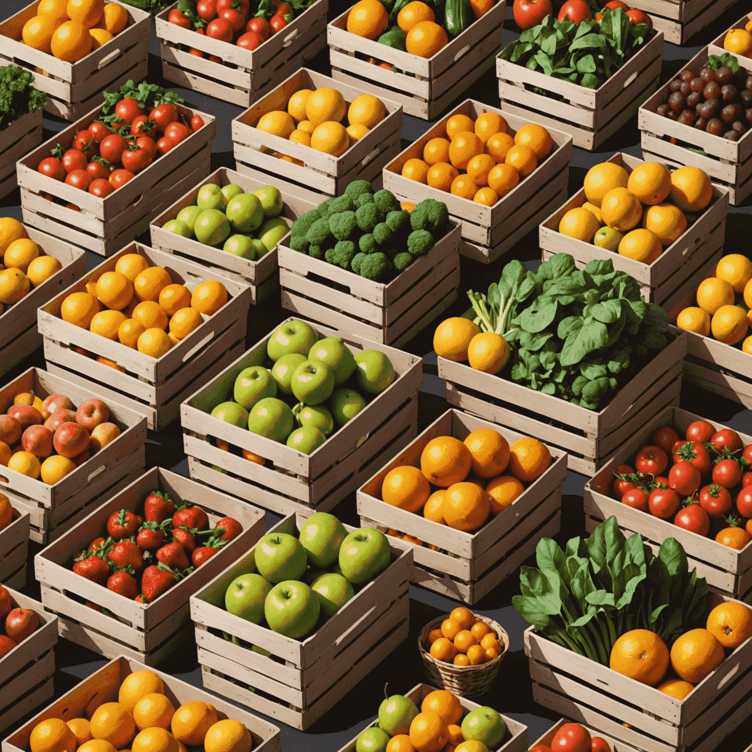 A variety of fresh fruits and vegetables in baskets and crates, ready for delivery