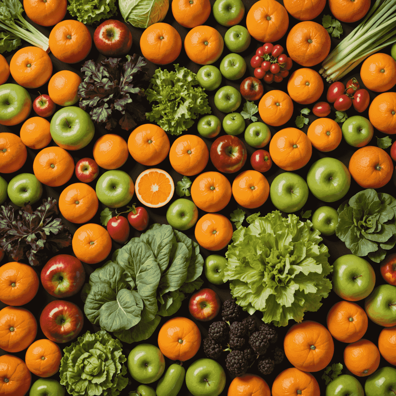 A variety of colorful fresh fruits and vegetables, including apples, oranges, lettuce, and carrots, arranged in a visually appealing display.