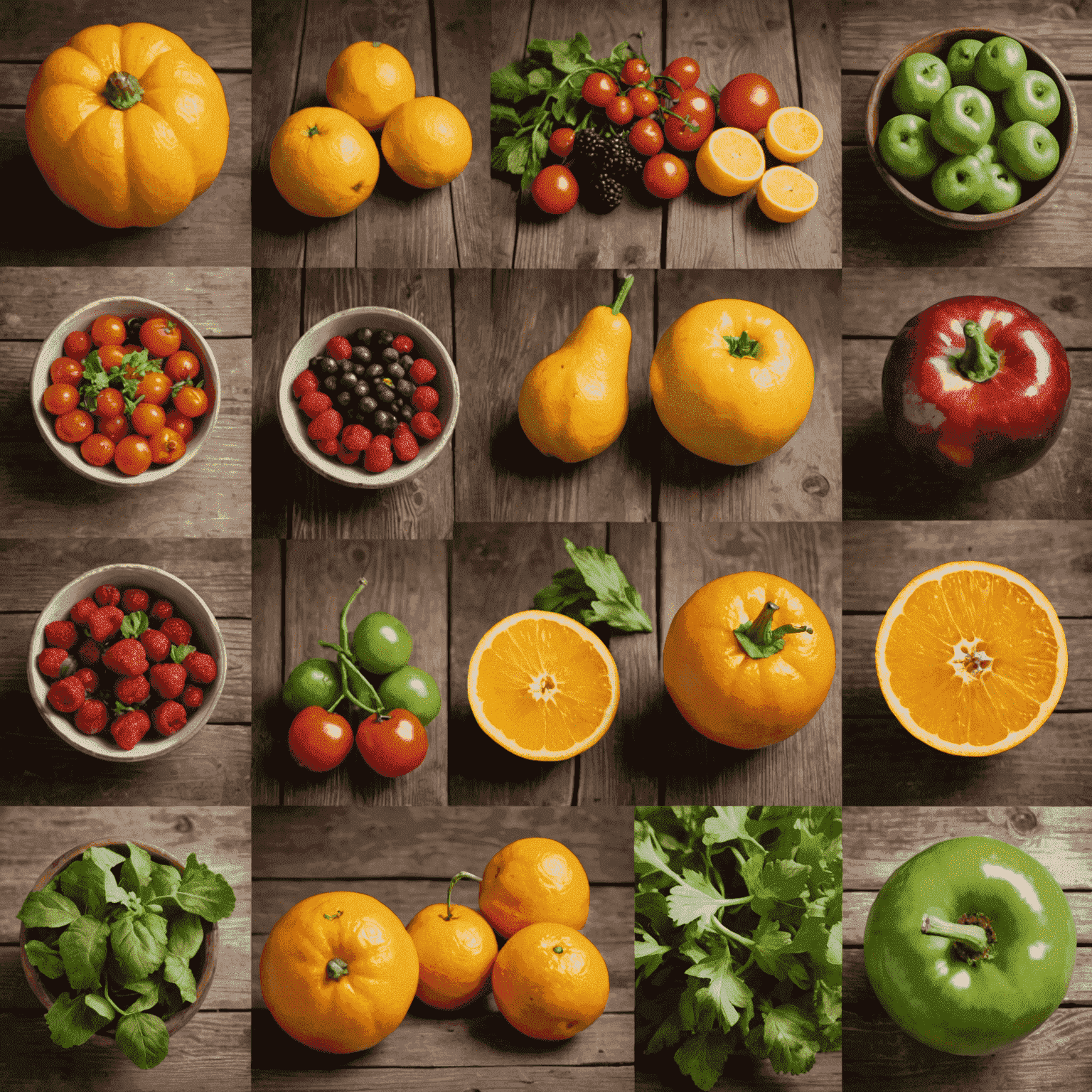 Collage of seasonal fruits and vegetables on a rustic wooden table