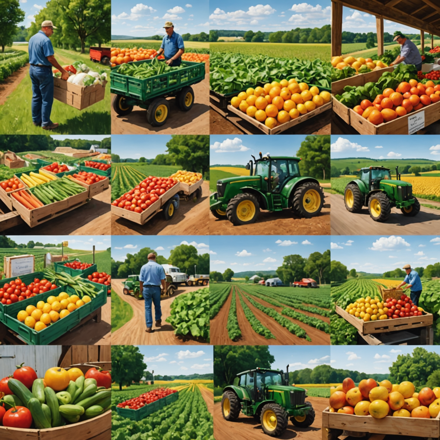 A collage showing the journey of fresh produce from the farm, through processing and packaging, to the customer's doorstep