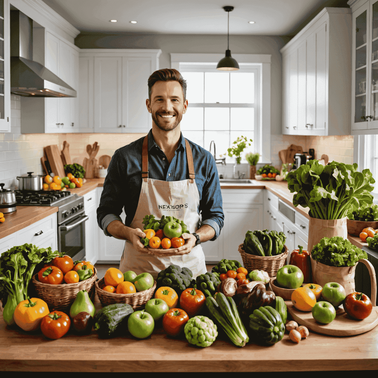 Satisfied customer in their kitchen surrounded by fresh produce from NexusProviders