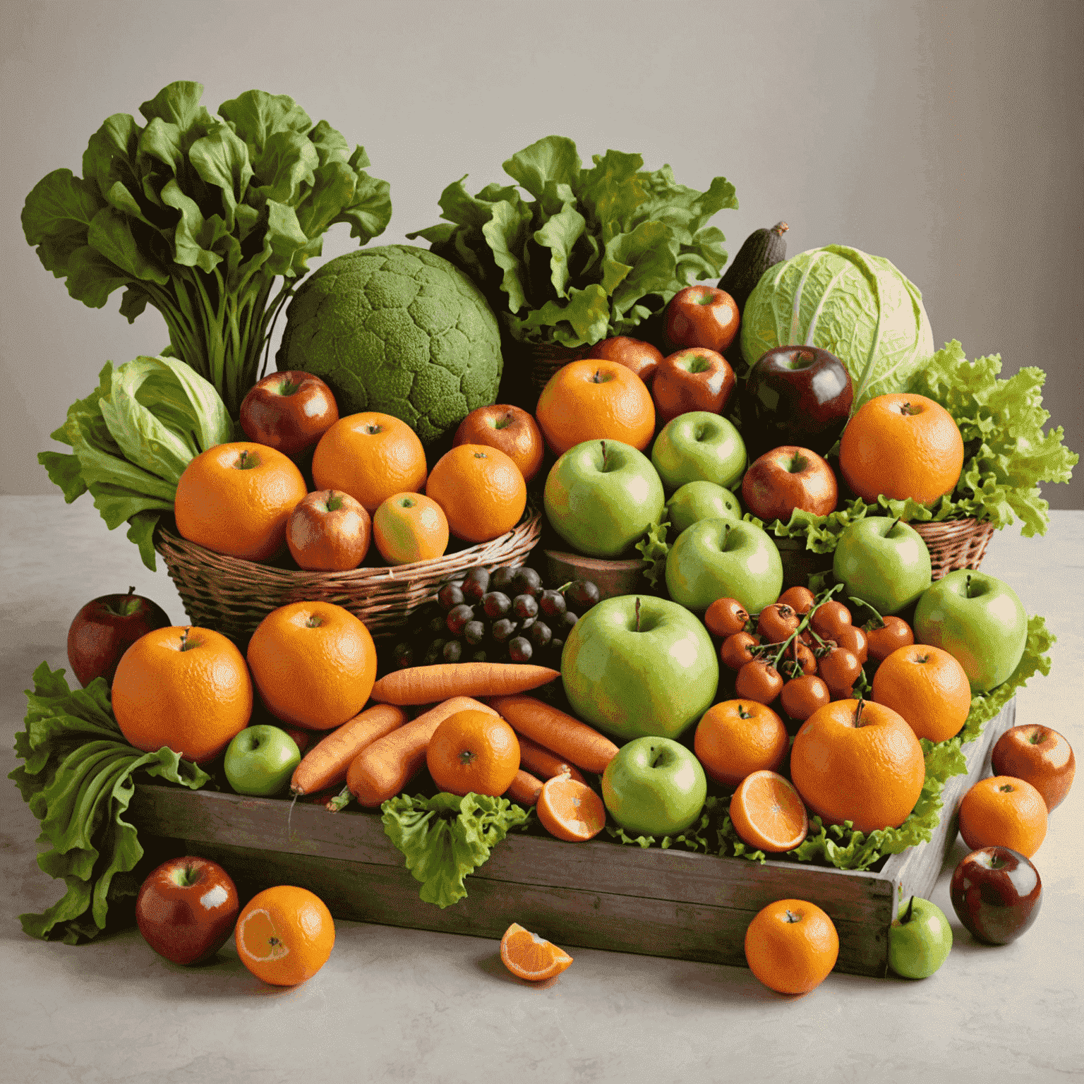 A variety of fresh fruits and vegetables, including apples, oranges, lettuce, and carrots, arranged in a visually appealing display.