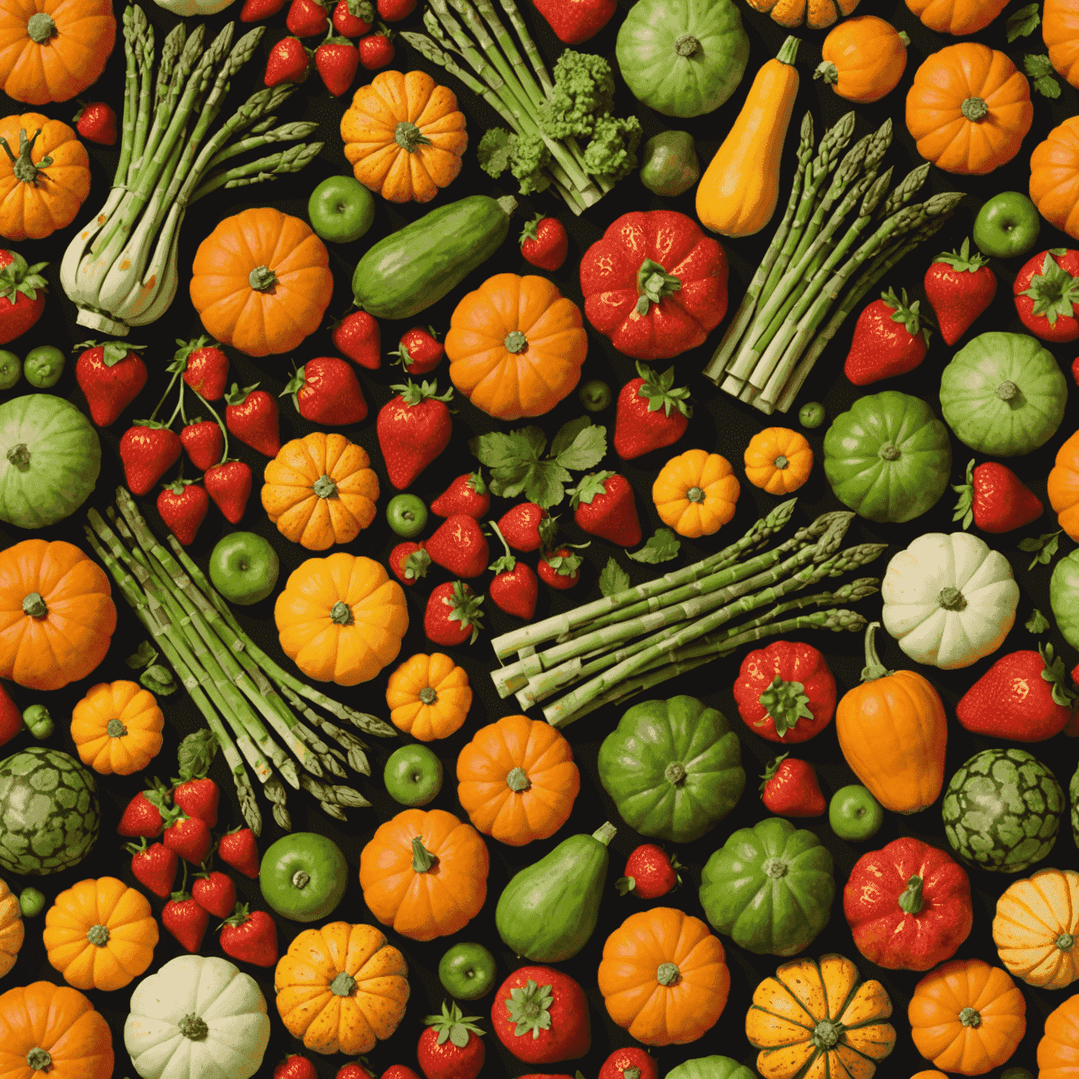 A collage of various seasonal fruits and vegetables, such as strawberries, asparagus, pumpkins, and squash, representing the different produce available throughout the year.