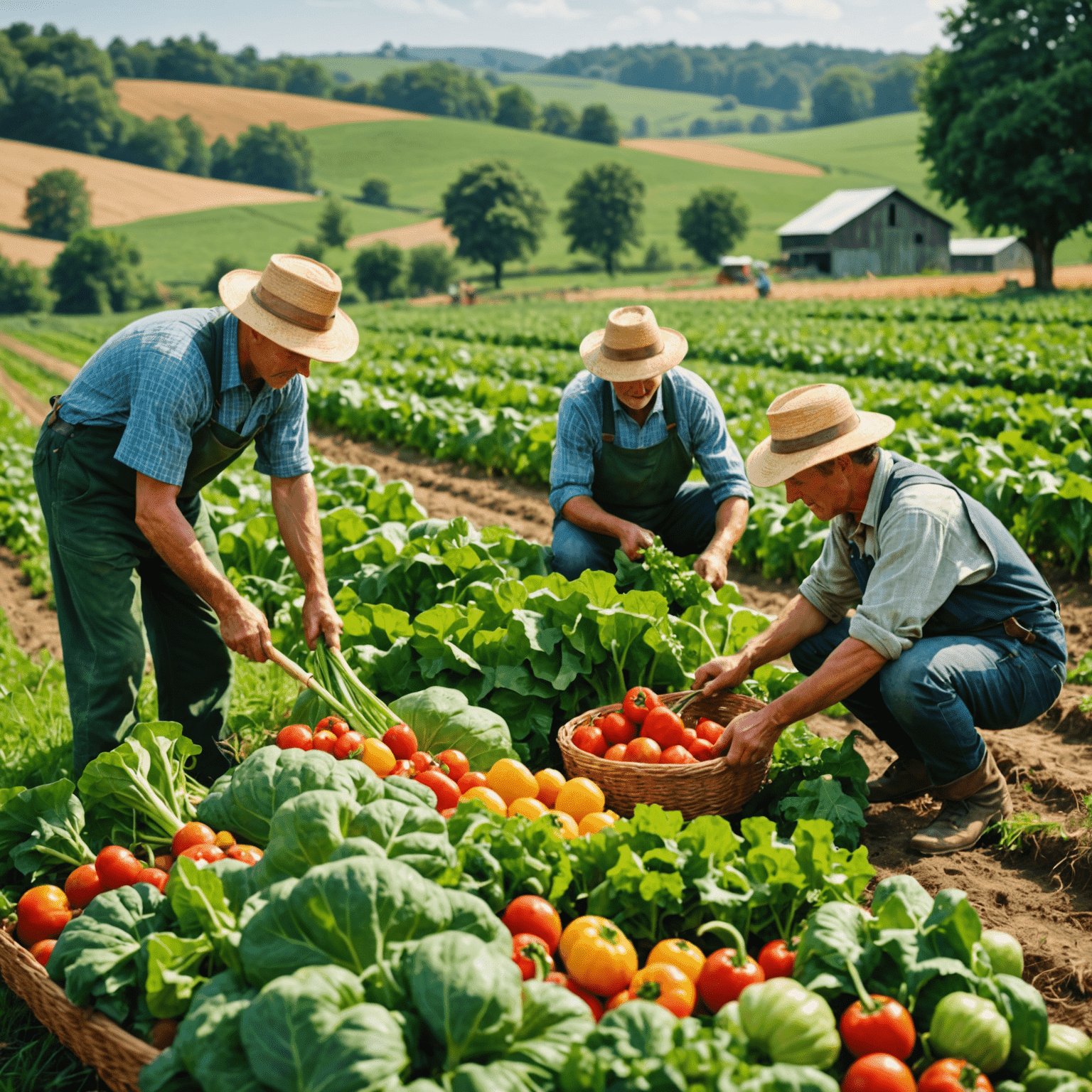 Farmers carefully harvesting ripe, colorful vegetables in a lush green field