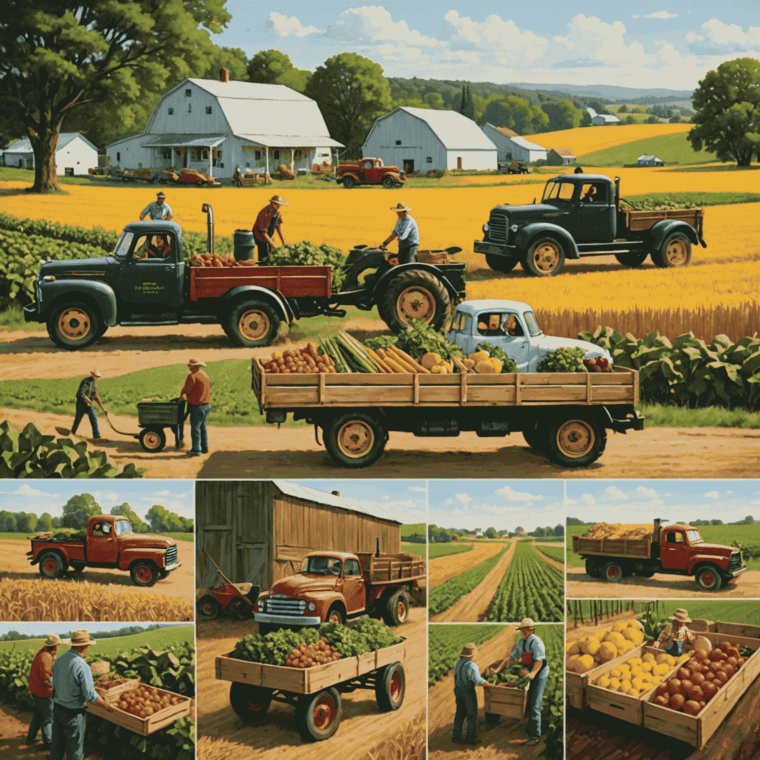 A series of images depicting the journey of produce from the farm to the customer's table, including scenes of farmers harvesting crops, trucks transporting the produce, and a family enjoying a meal made with fresh ingredients.