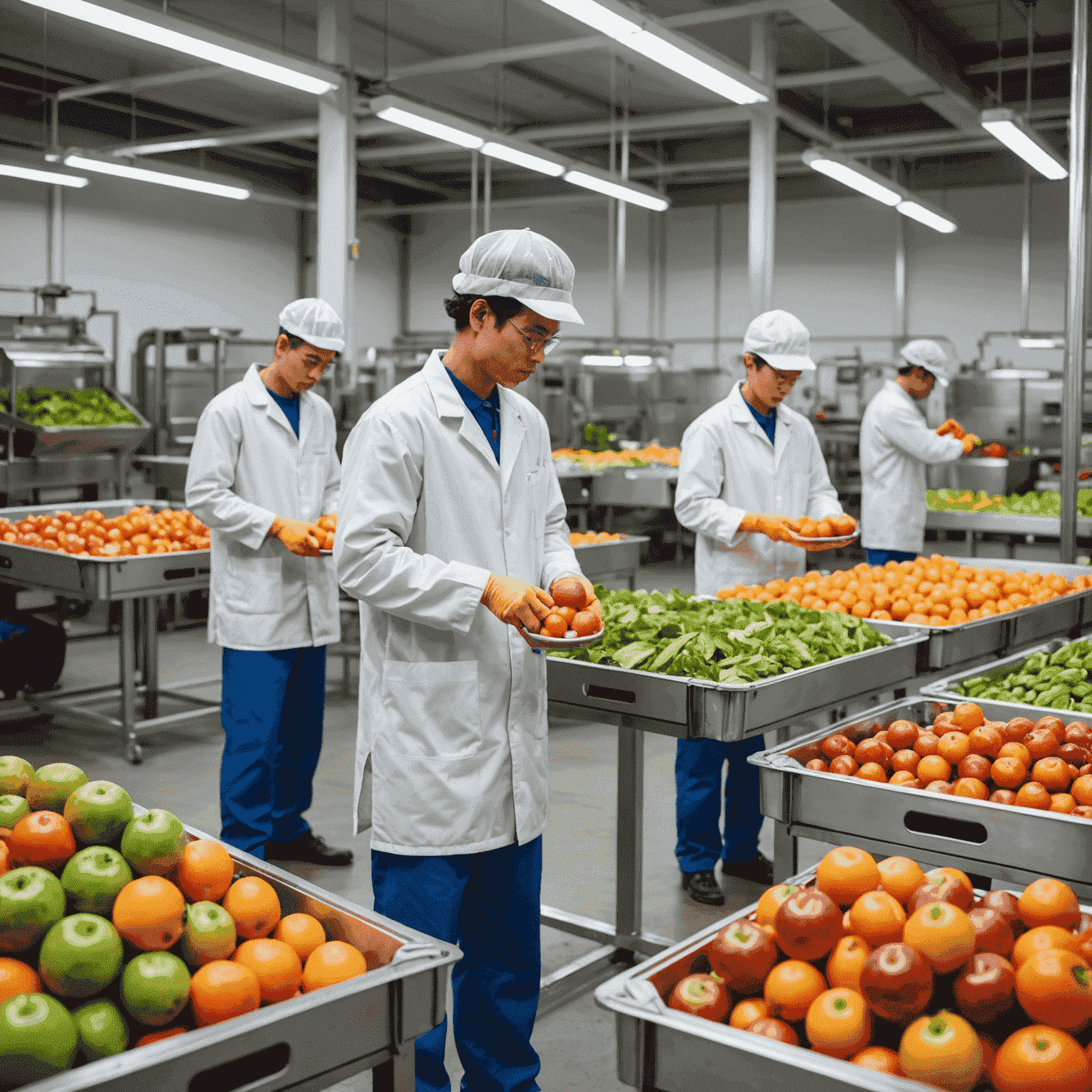 Workers in a clean, modern facility carefully inspecting and sorting freshly harvested fruits and vegetables