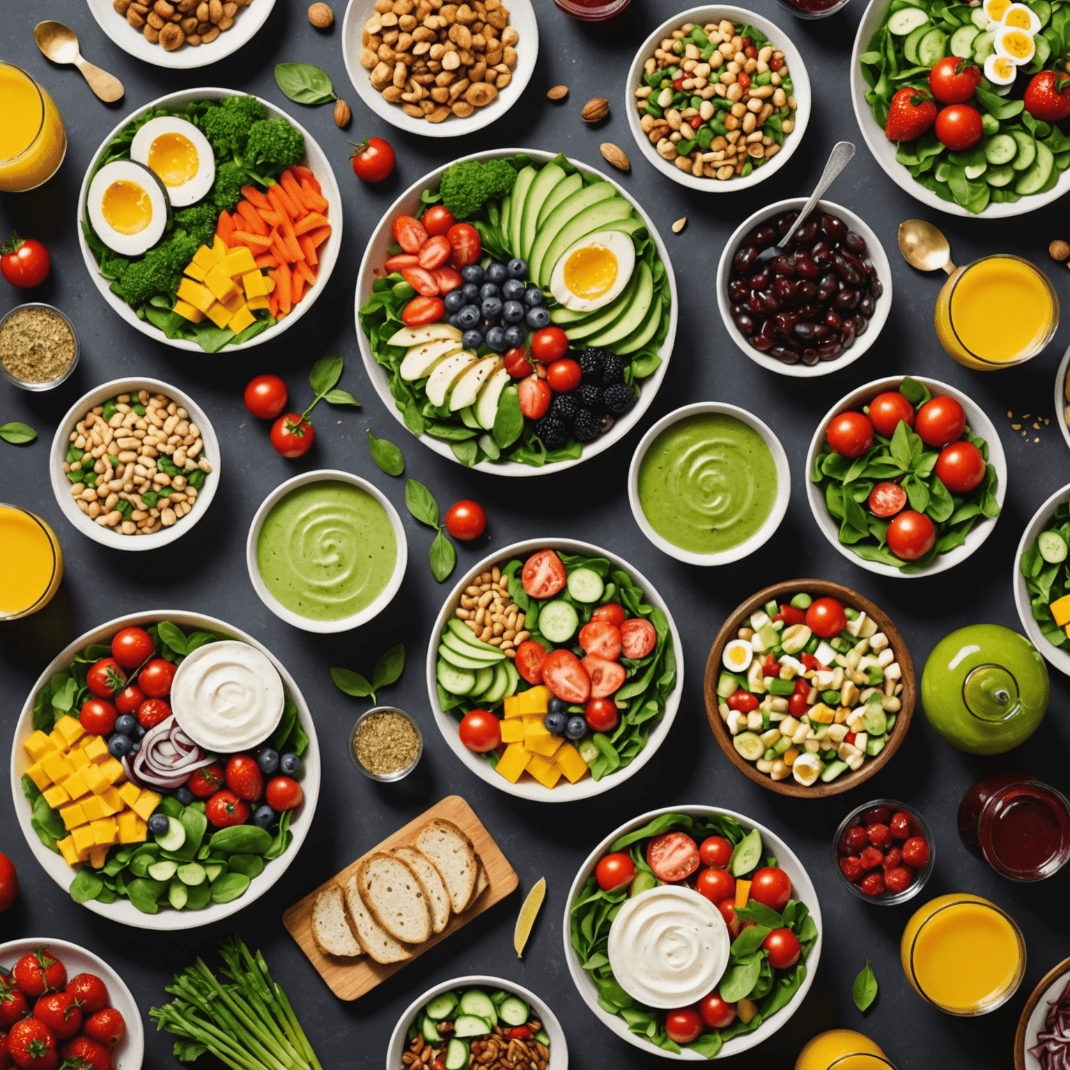 A composition of healthy meals and snacks, such as salads, smoothies, and vegetable platters, showcasing the variety of nutritious options made possible with fresh produce.