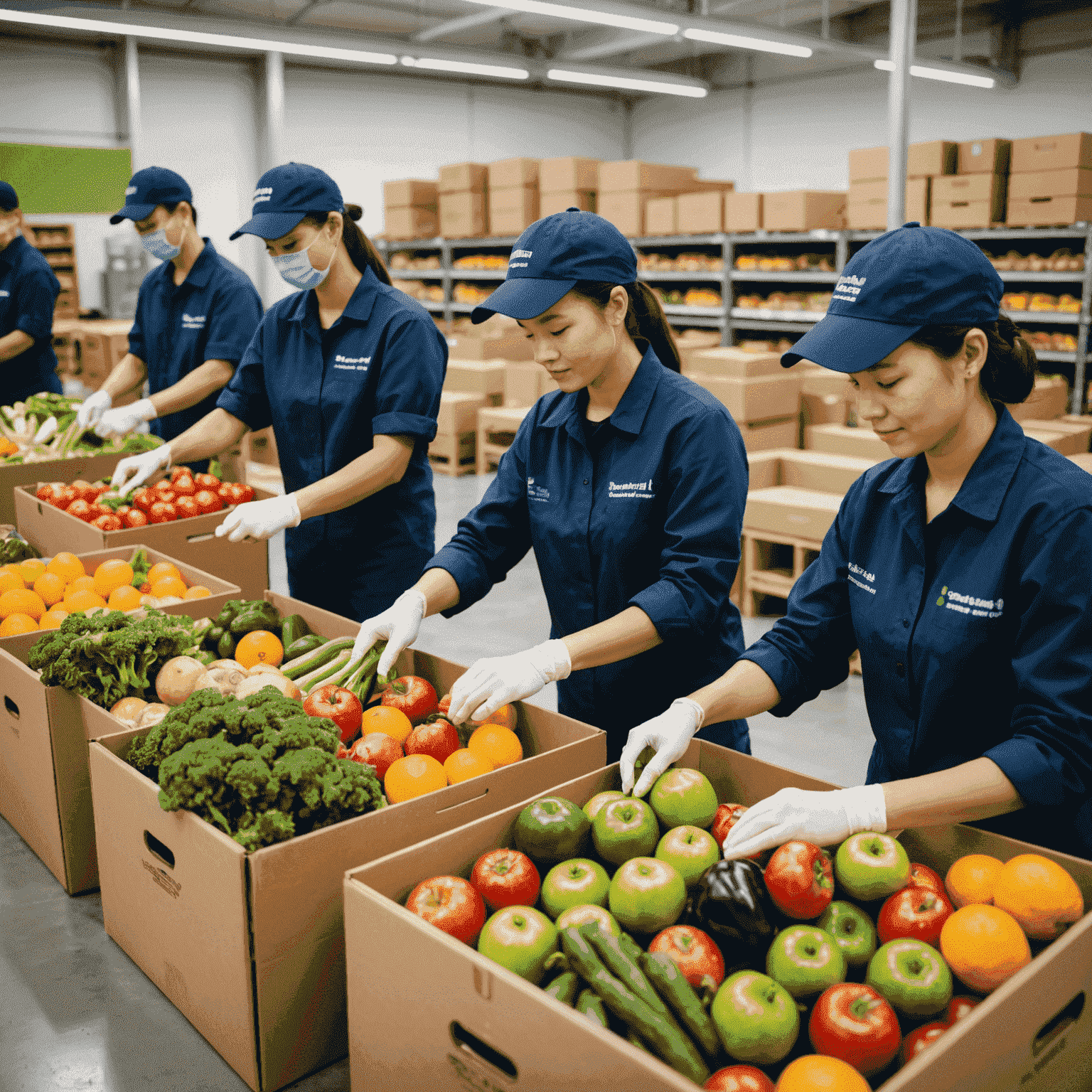 Employees carefully packing fresh fruits and vegetables into eco-friendly boxes, ready for delivery