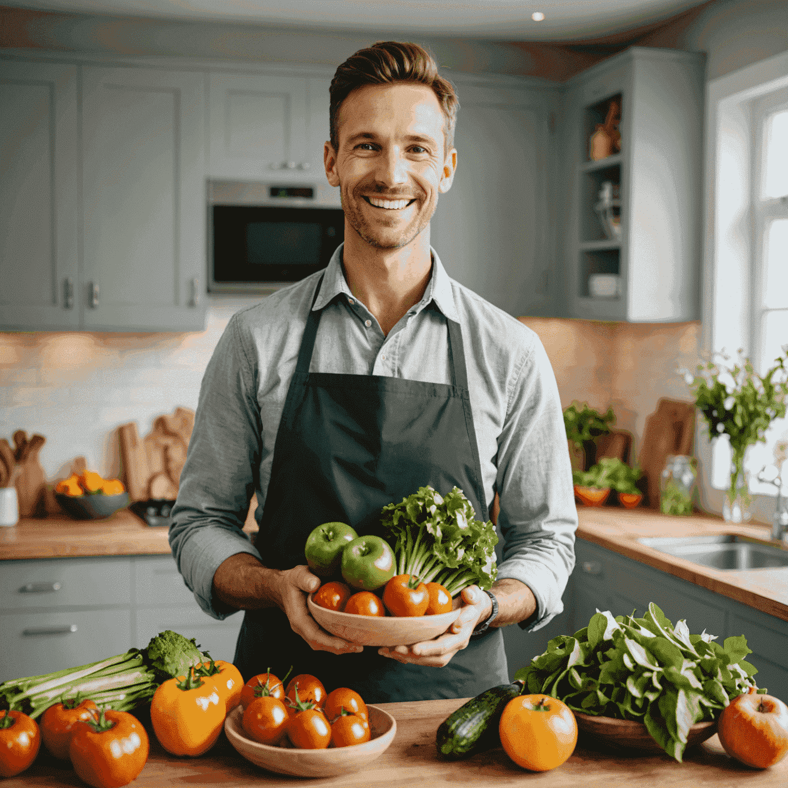 A portrait of a smiling customer in their kitchen, surrounded by fresh produce from NexusProviders and holding a dish they prepared using the ingredients.