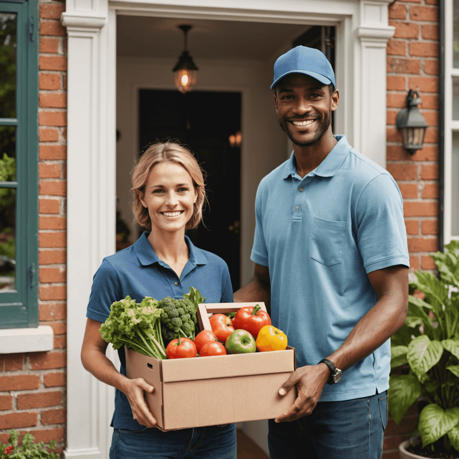 A friendly delivery person handing over a box of fresh produce to a smiling customer at their doorstep